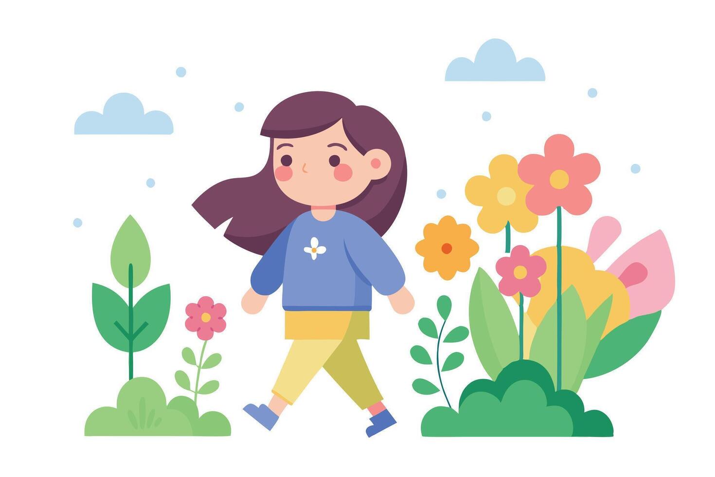 Girl Walking Flat Design with Flowers, Clouds, and Foliage on White vector