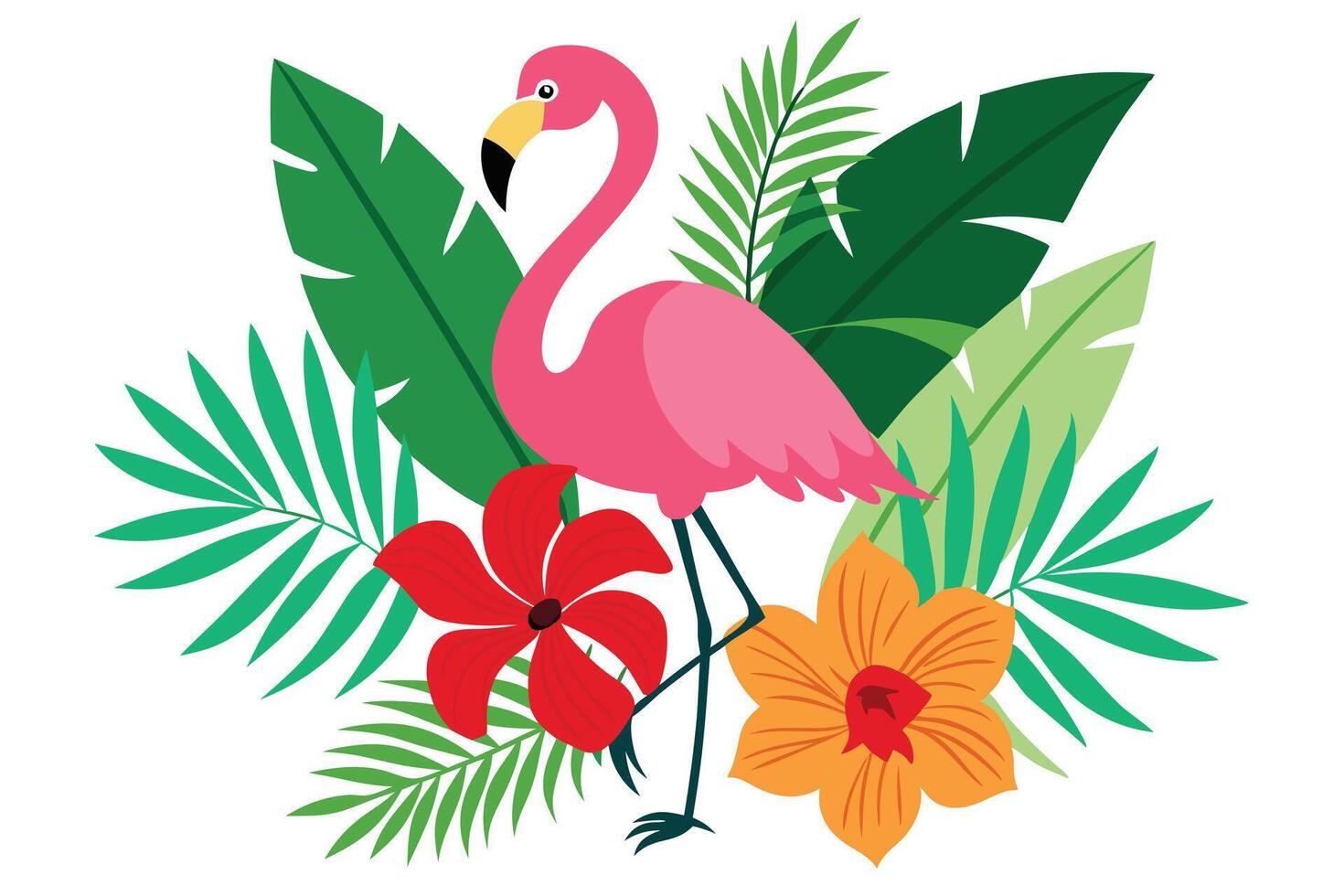 Pink Flamingo with Green Tropical Leaves and Colorful Flowers on White Background vector