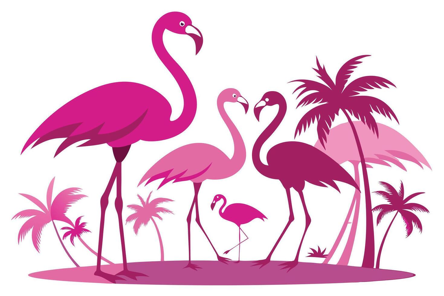 Exotic Pink Flamingo Family with Palm Trees in a Tropical Landscape Art vector