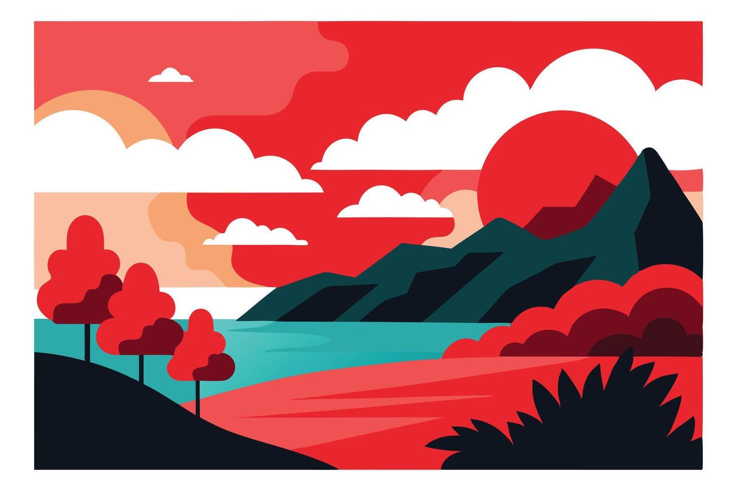 Stylized Landscape with Red Sky, Mountains, Trees, Clouds and Turquoise Water vector