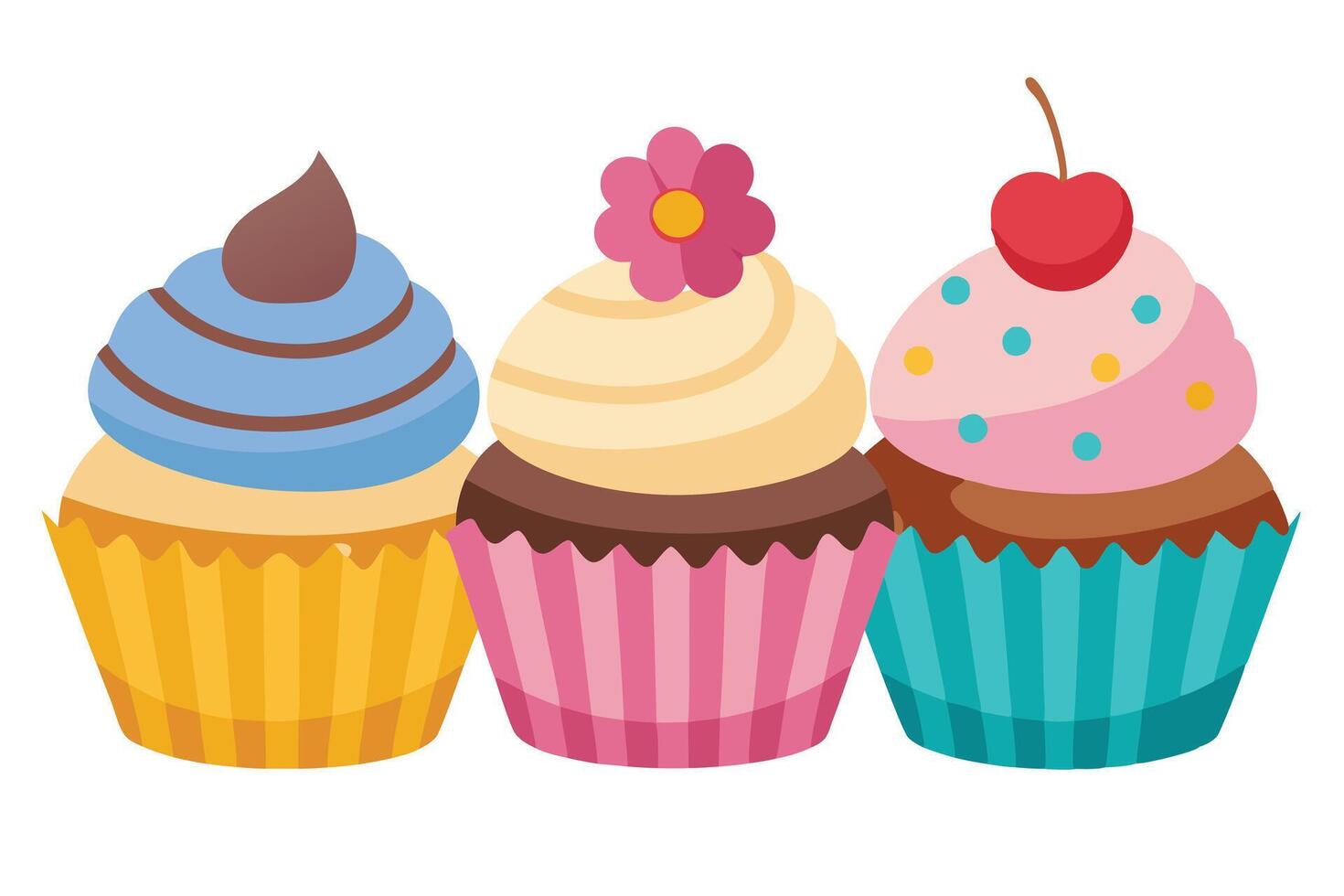 Whimsical Cupcake Trio Cartoon Dessert Pastries with Colorful Frosting and Toppings vector