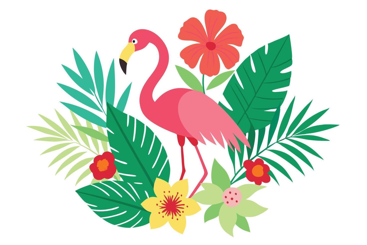 Flat Pink Flamingo Surrounded by Colorful Tropical Flowers and Leaves on White vector