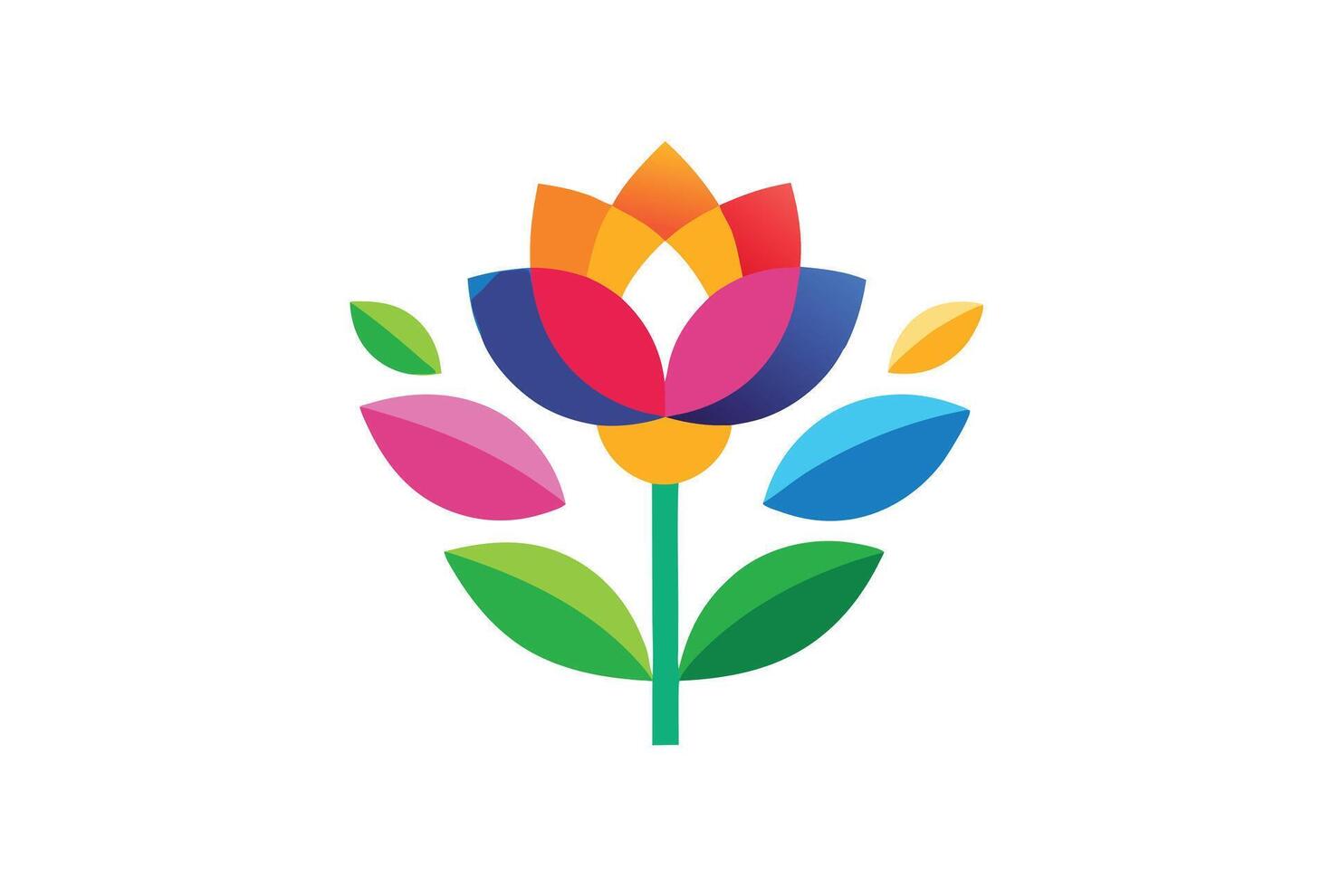 Vibrant Abstract Flower, Colorful Petals and Leaves on White Background. Flat vector