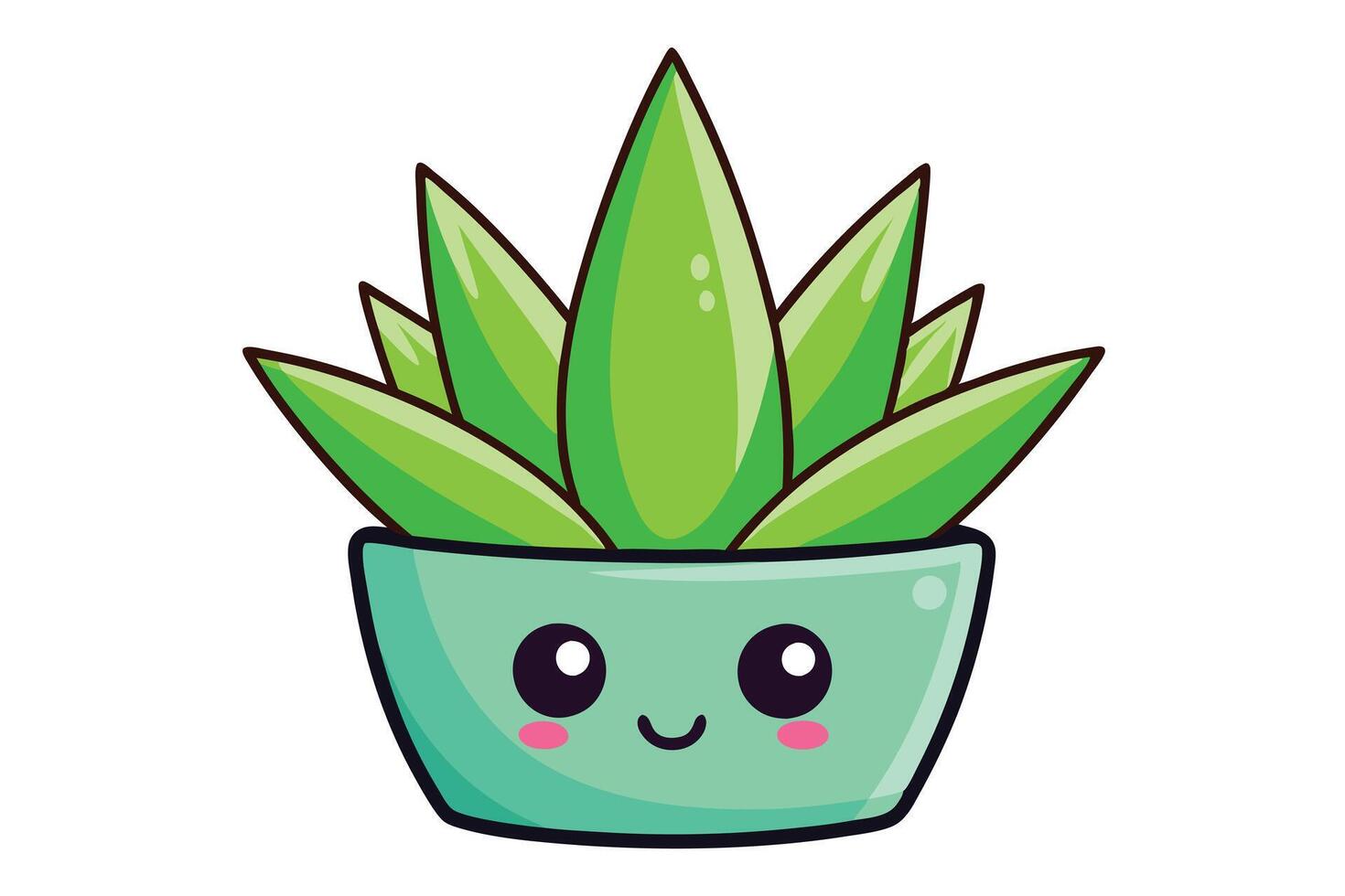 Cute Cartoon Potted Green Succulent Plant with Happy Face on White Background vector