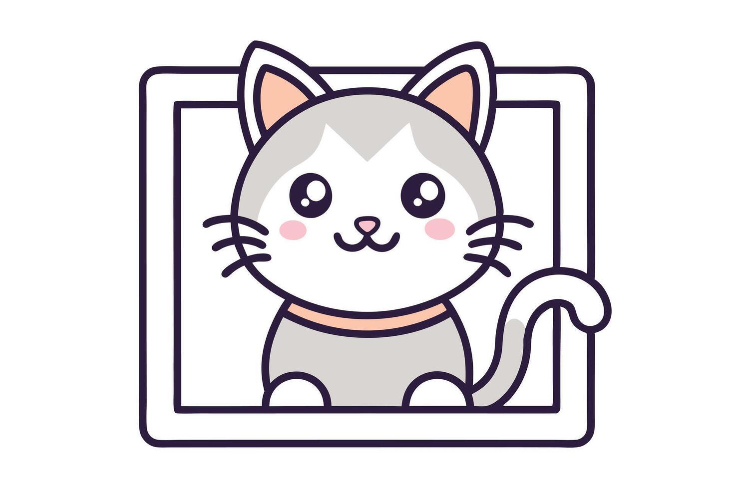 Kawaii Cartoon Cat Icon. Adorable Kitten Head with Rosy Cheeks Inside Frame vector