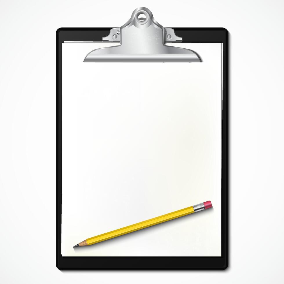 realistic black clipboard with paper and pencil on it vector