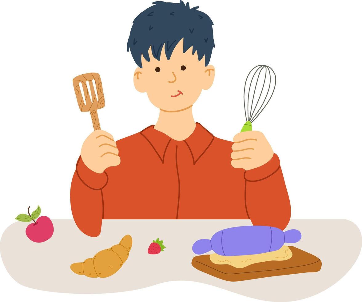 A boy holding a whisk and spatula while preparing dough at a table with baking items vector