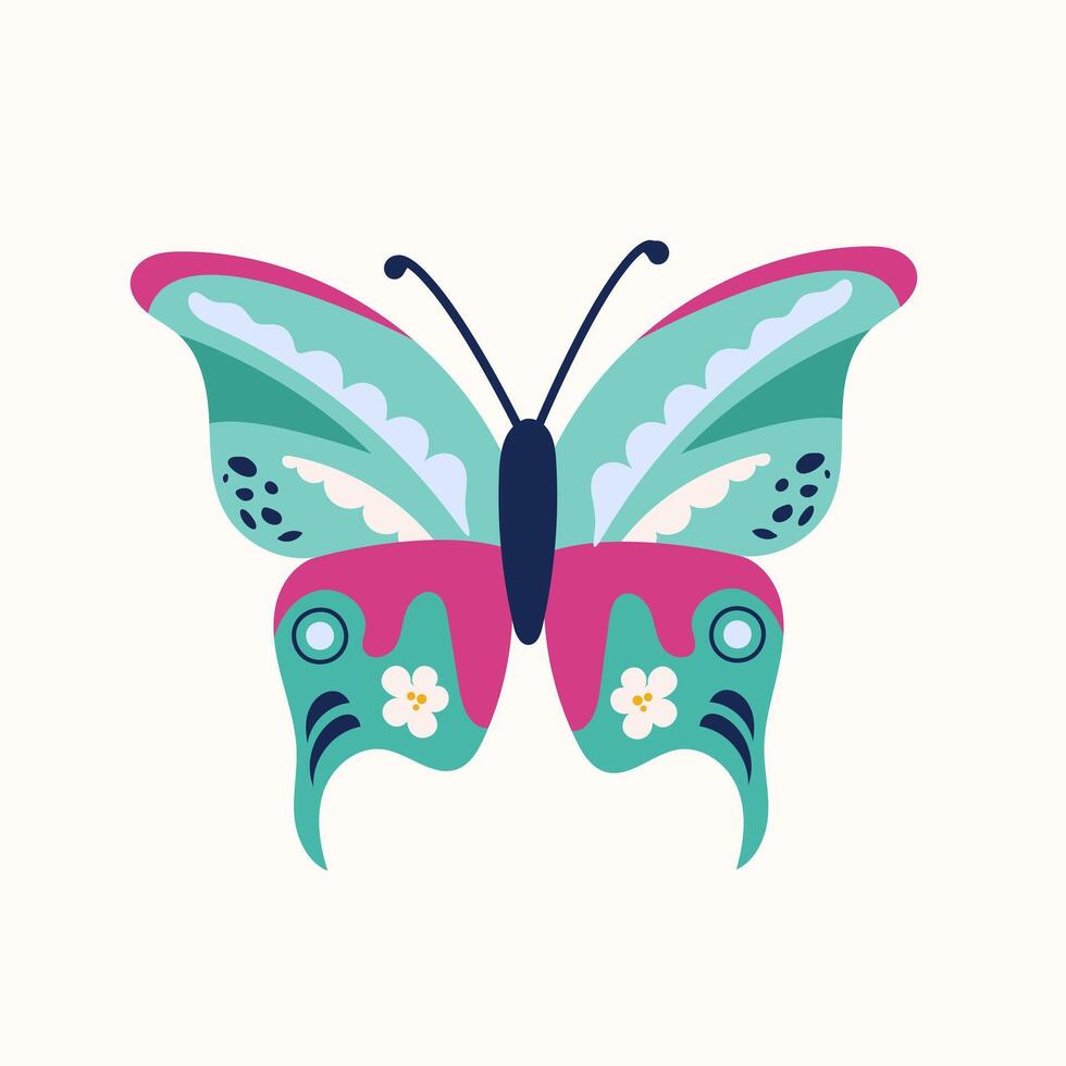 A brightly colored butterfly with teal and pink wings, decorated with small white flowers and curved ornamental shapes. vector
