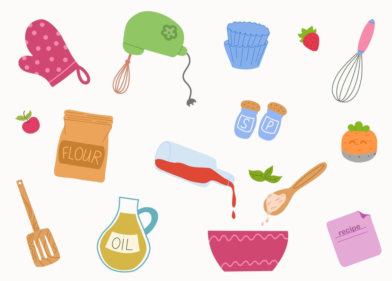 Set baking ingredients and utensils. Flour bag oil bottle mixer whisk spatula spoon mitten vector