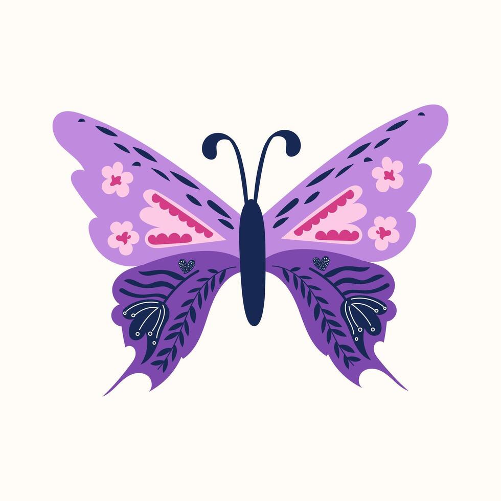 Detailed butterfly with ornamental wing patterns featuring floral and abstract motifs. Intricate design with symmetrical decorations vector