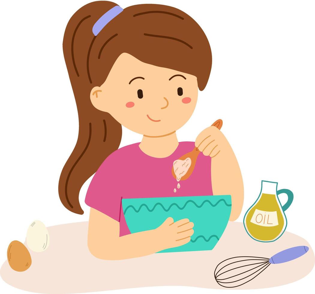 A girl preparing ingredients for baking sitting at a table with a mixing bowl spoon whisk egg and oil bottle vector