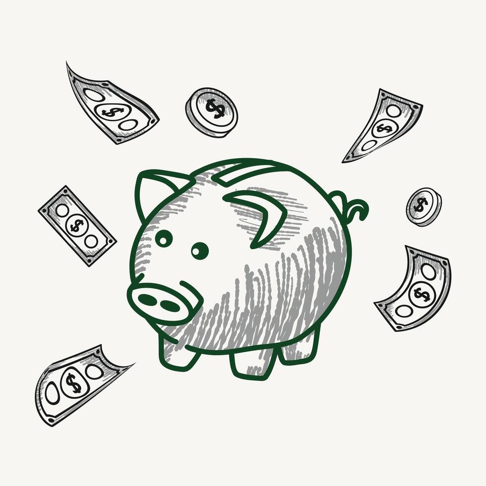 A piggy bank drawn in a sketch style with scattered coins and bills. The illustration highlights concepts of savings, finance, and wealth management with a playful and minimalist design. vector