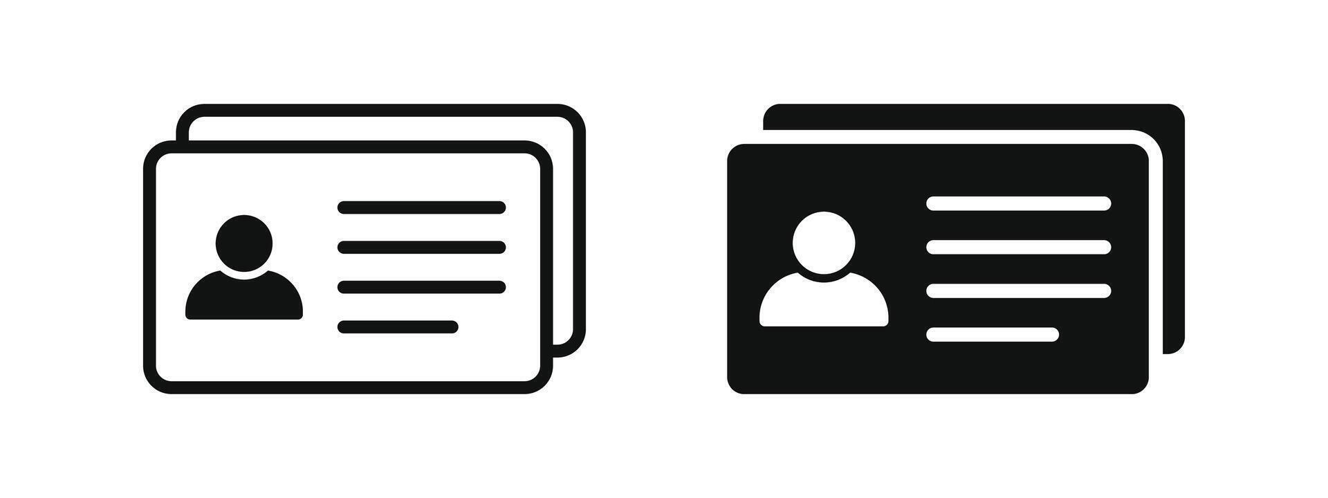 Set of black and white identification card icons in flat style, showing user profile image and text lines, ideal for ID, contact, business, and personal info representation vector