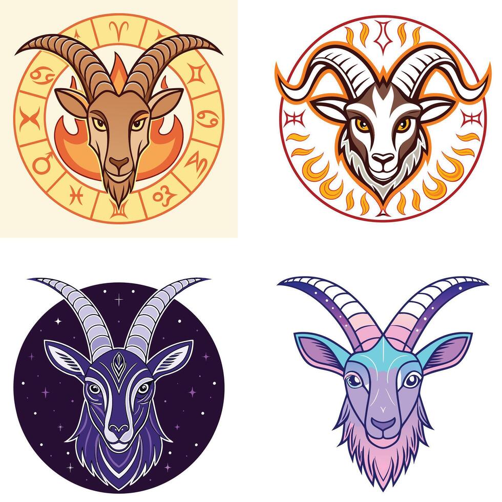 Four Astrological Goat Heads in Circular Frames vector