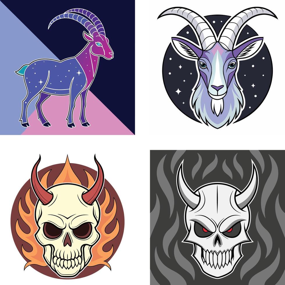 Four mystical goat head and devil head illustrations with zodiac symbols in circular designs. vector
