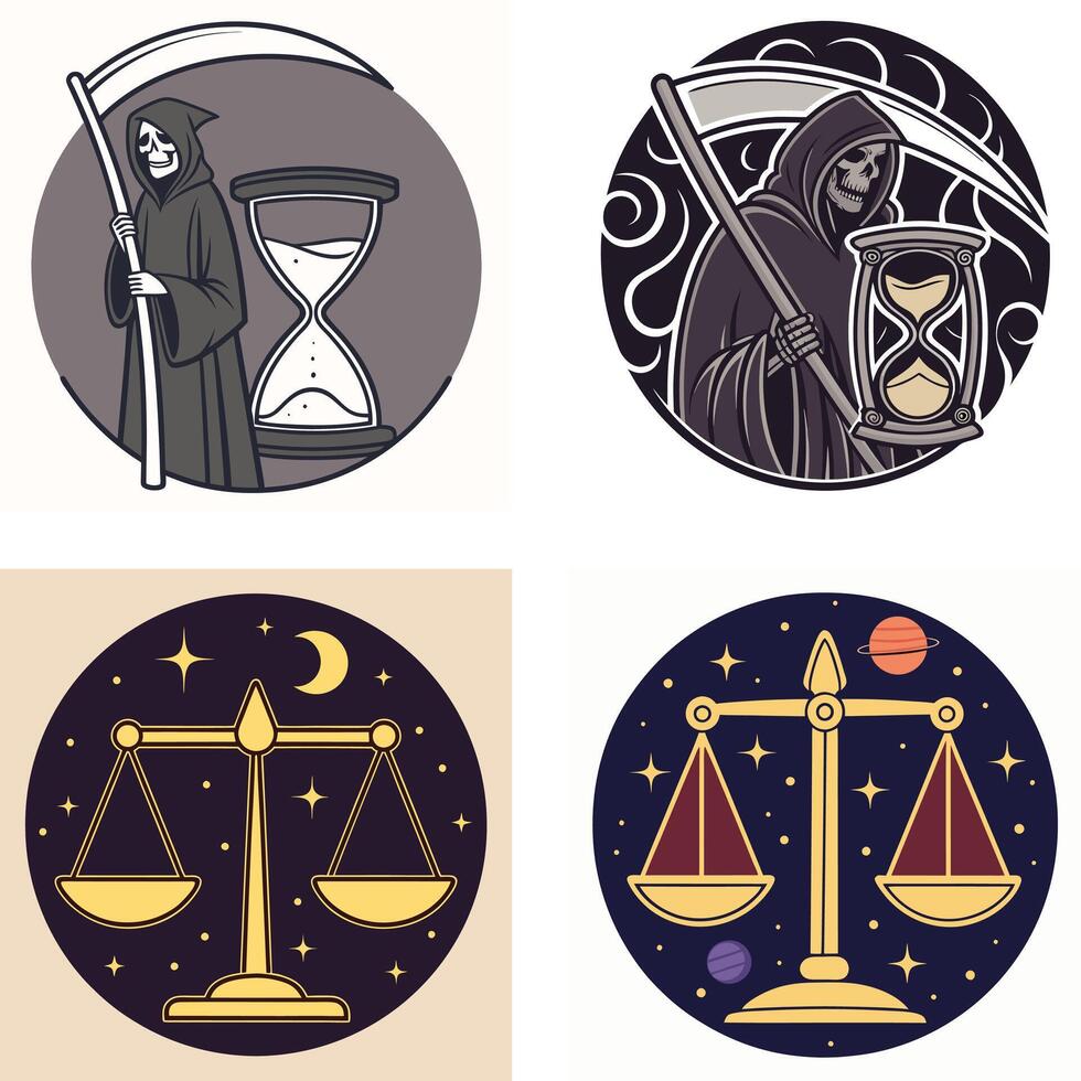 gothic reaper and celestial gold scale emblems in circular frames vector
