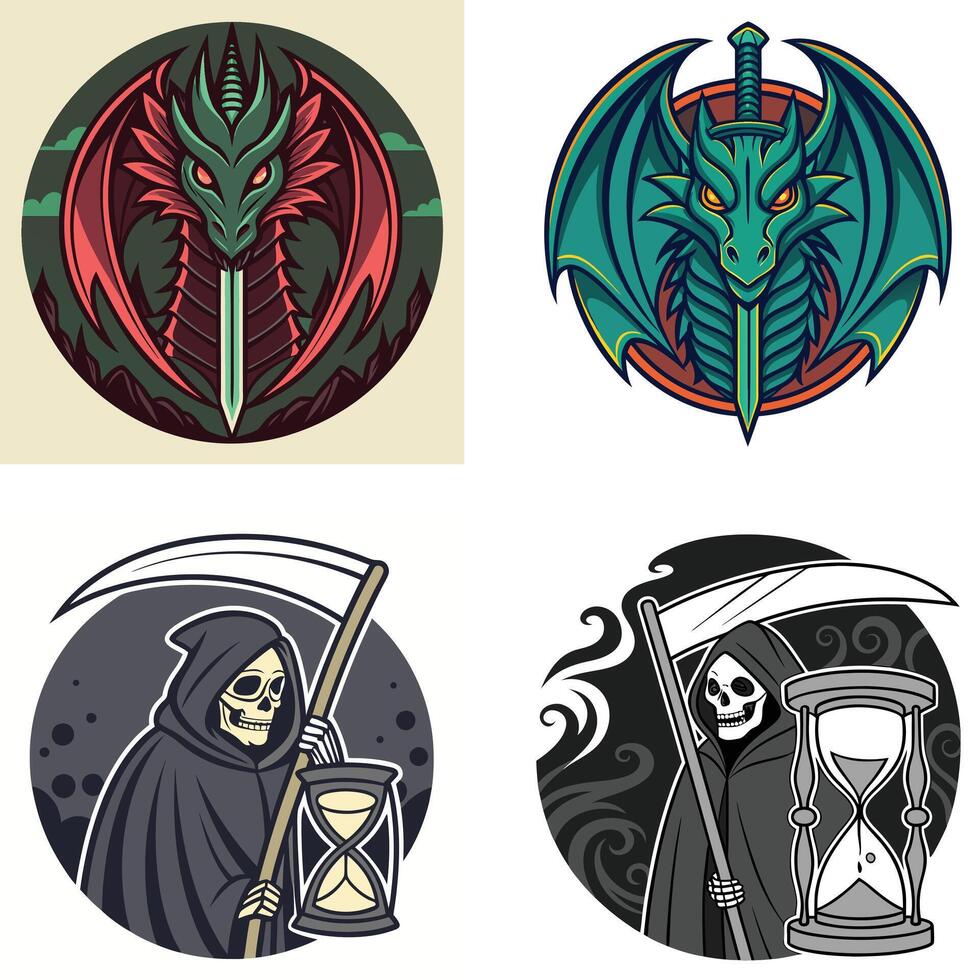 Dark gothic reaper and celestial gold scale emblems vector