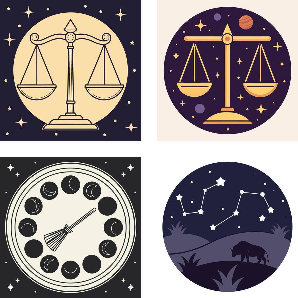 Dark gothic reaper and celestial gold scale emblems in circular frames vector