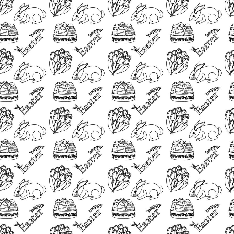 Black and white seamless pattern featuring Easter bunnies, tulips, decorated Easter eggs in a basket, and - Happy Easter - text. Ideal for coloring page, textiles, and holiday activities. vector
