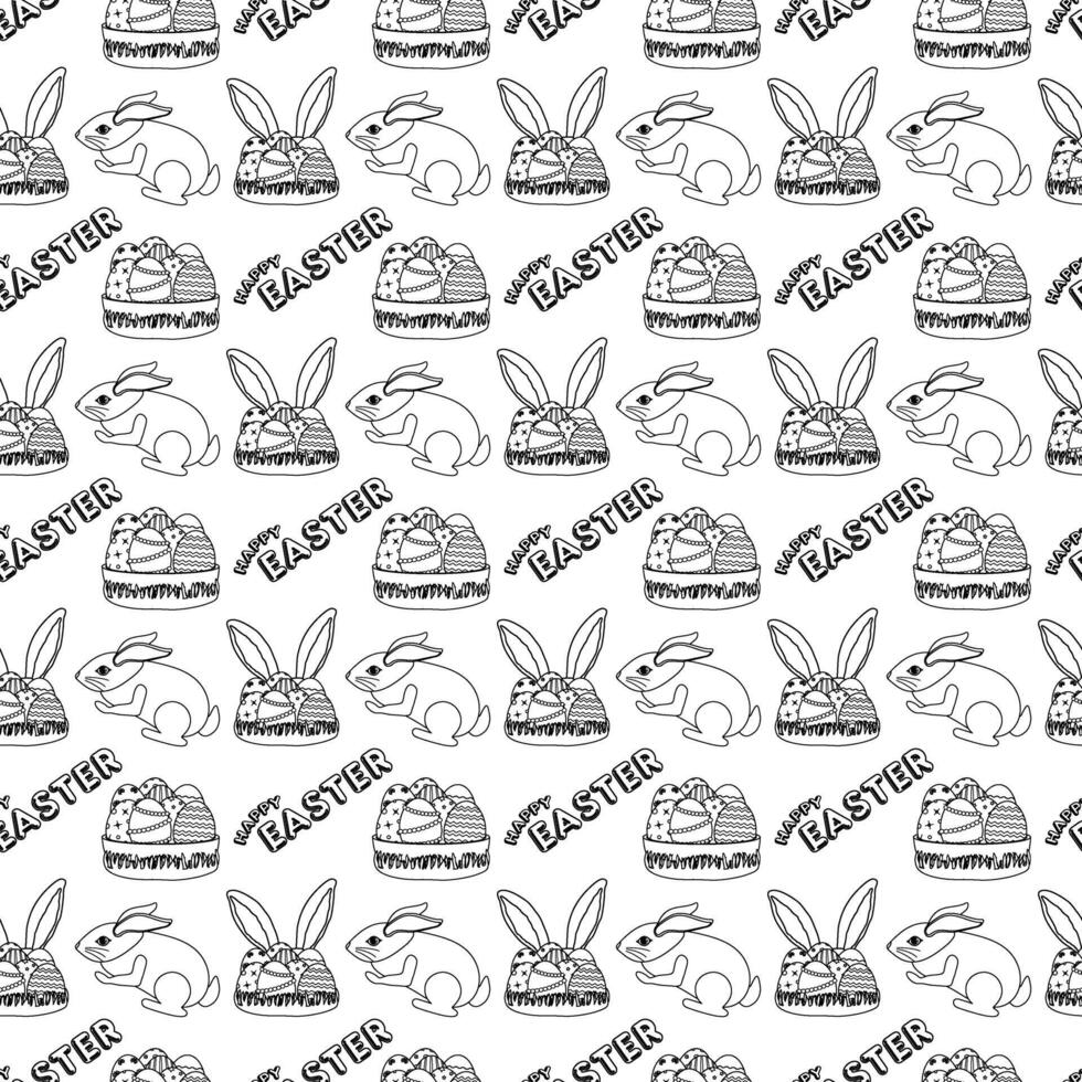 Seamless pattern with cute rabbits, Easter bunny, Easter eggs, baskets, and festive - Happy Easter - text. Ideal for coloring page, textiles, wrapping paper and craft projects. vector
