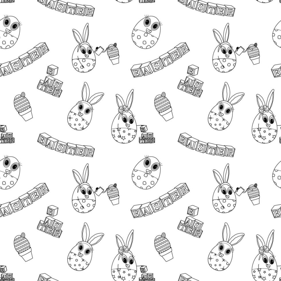 Monochrome Seamless pattern featuring anthropomorphic Easter eggs kids characters with Easter bunny ears, playful faces. Ideal for coloring page, textiles, wrapping paper and festive craft projects. vector