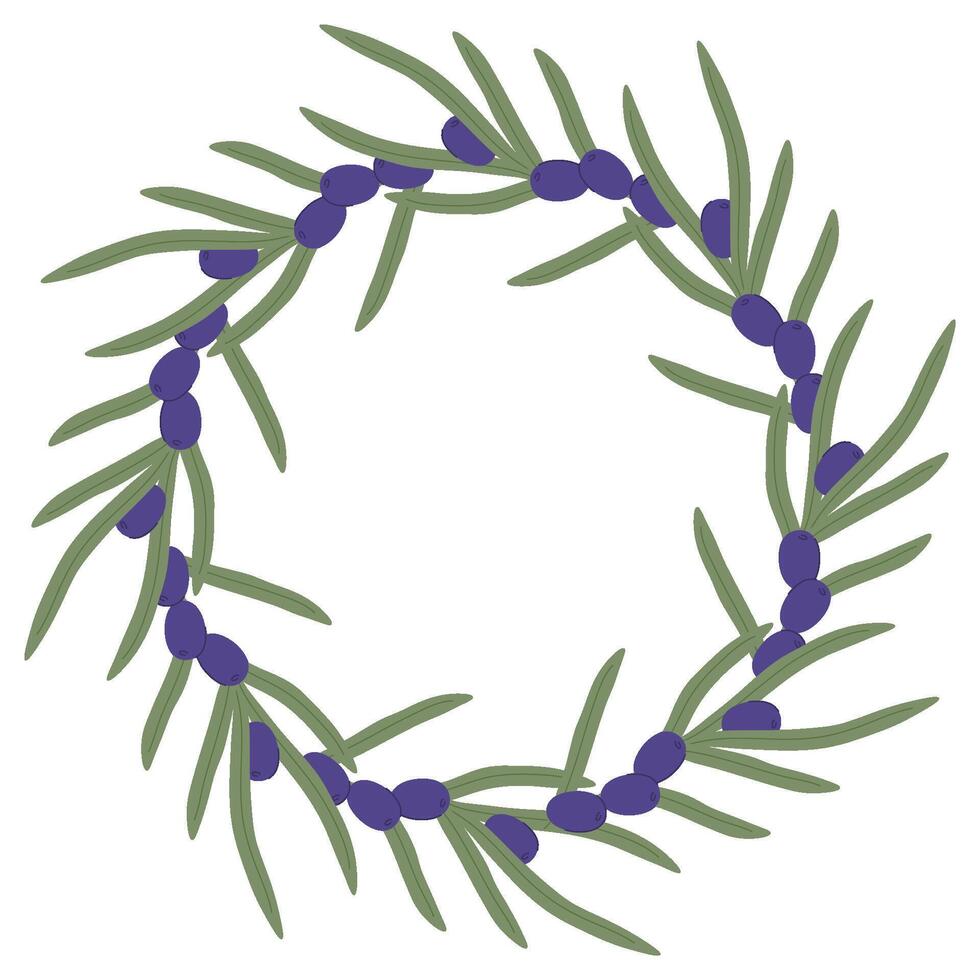 Hand-Drawn Botanical Wreath with Purple Berries and Green Leaves in a Rustic Natural Design vector