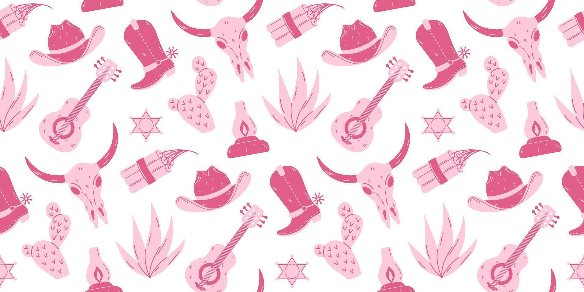 A seamless Western-themed pattern in shades of pink, featuring elements such as cowgirl hats, boots, guitars, cacti, skulls. Perfect for digital designs, textiles with cowboy aesthetic vector