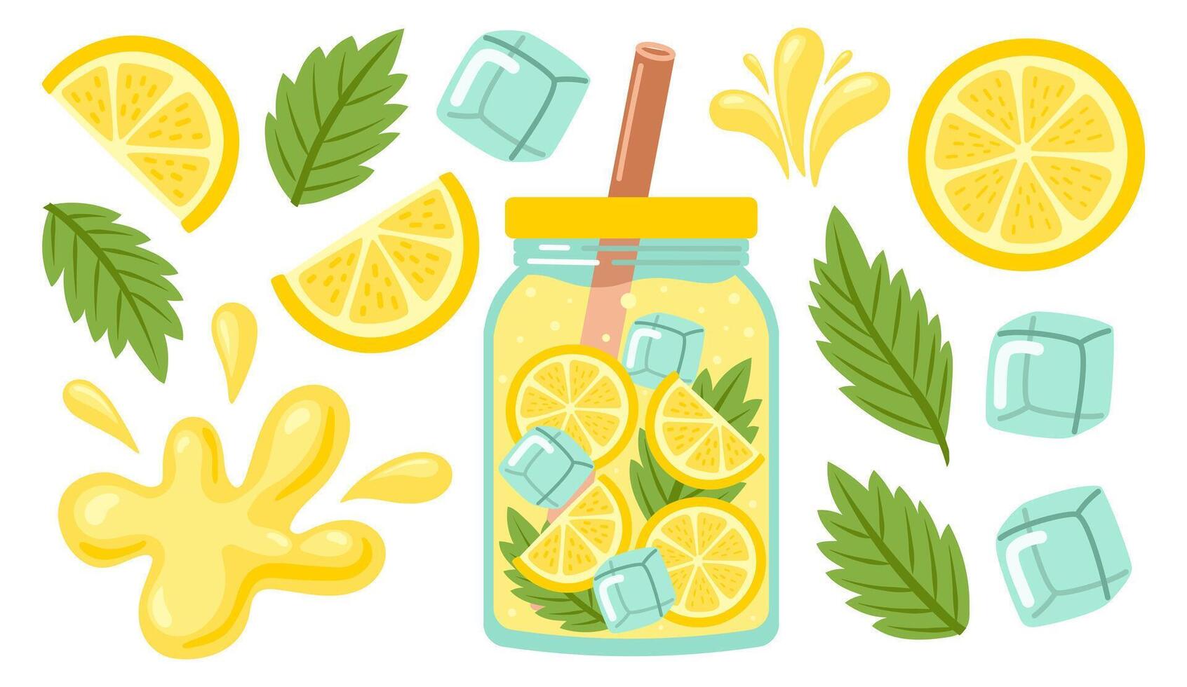 Lemonade set. Fresh juicy lemon drinks in jar and fruits. Tropic summer mint cocktails. Hand drawn illustration isolated on white background vector