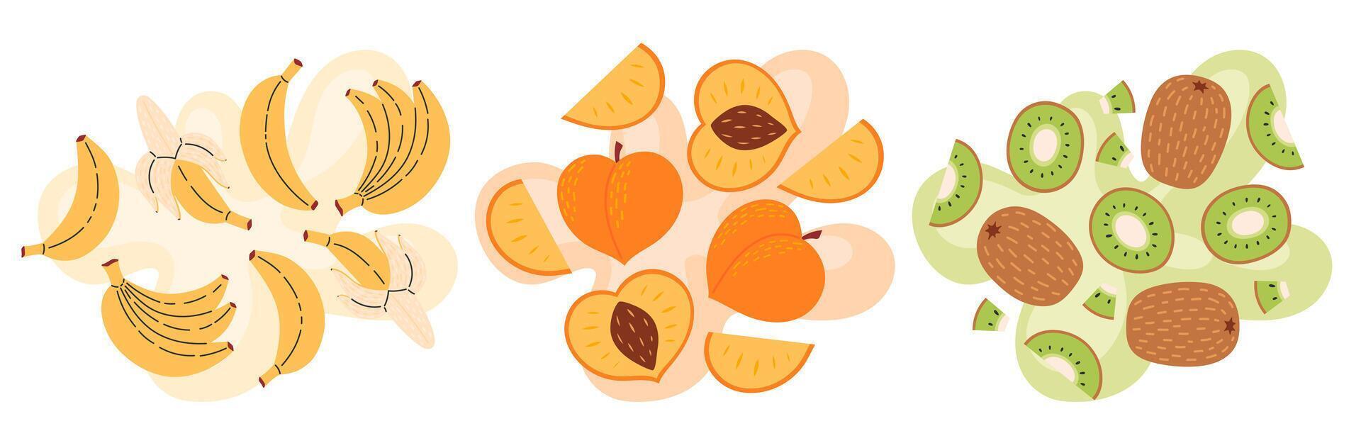 Fruit set on abstract background. Kiwi, pineapple, peach taste. Fresh summer juicy fruit. Flat illustration vector