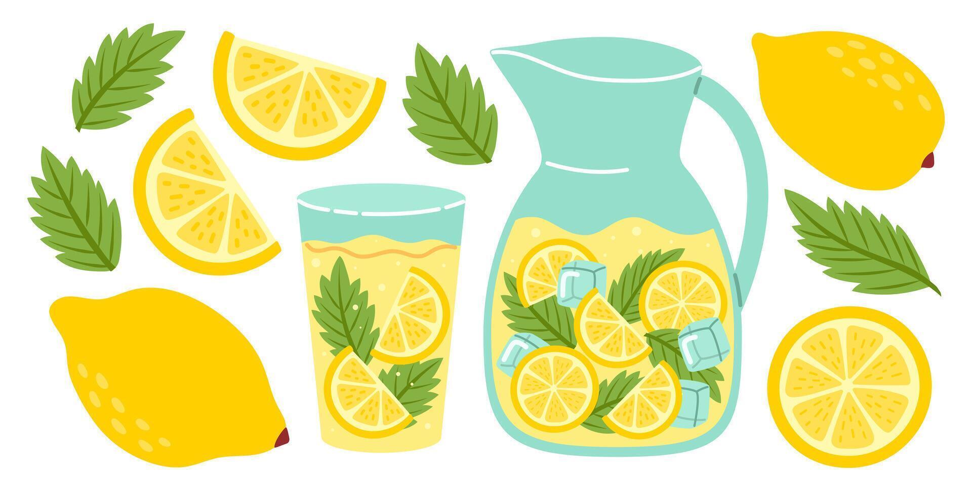 Lemonade set. Fresh juicy lemon drinks in glass, jug and fruits. Tropic summer mint cocktails set. Hand drawn illustration isolated on white background vector