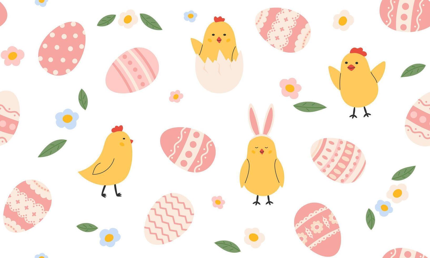 Seamless pattern with easter egg, chicks and flowers. Easter background. Spring print for textiles, wallpaper, fabric, design of things and objects. Flat illustration in hand drawn style vector