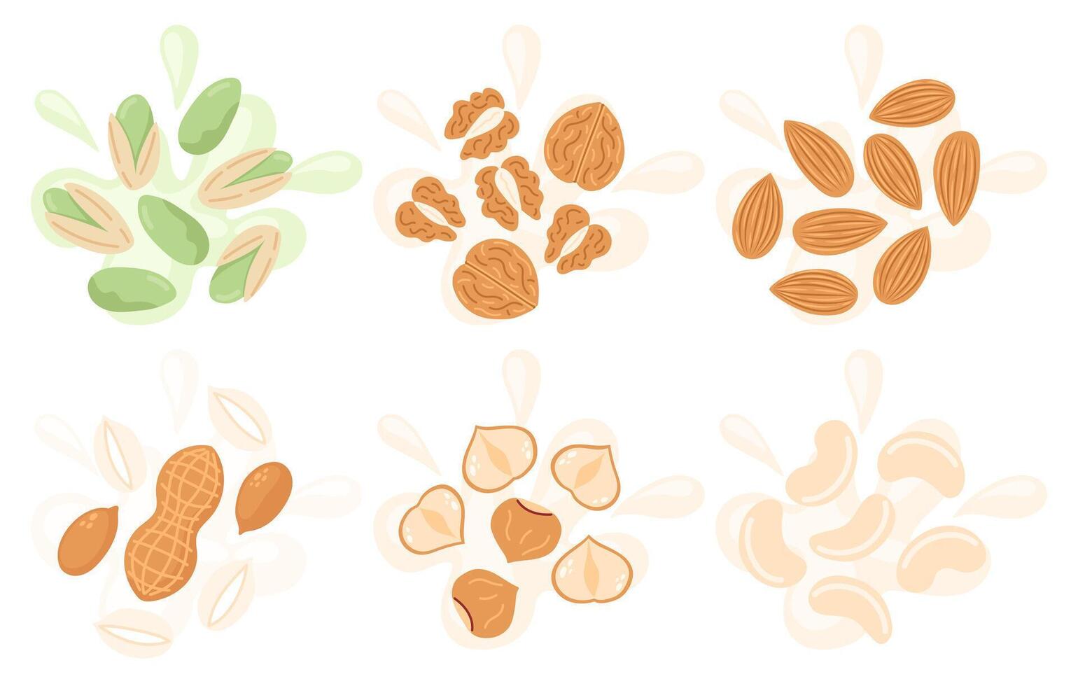 Nuts set on abstract background. Pistachio, walnut, almond, peanuts, hazelnut, cashew nut taste. Fresh summer juicy fruit. Flat illustration vector