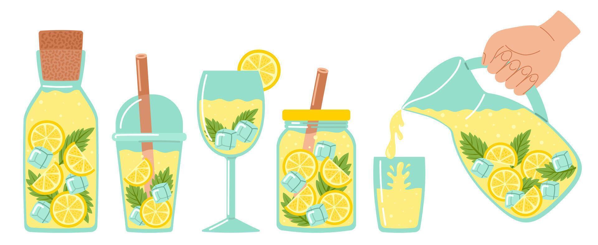 Lemonade set. Fresh juicy lemon drinks in glass, jar or jug, yellow juice and straw, ice cube, mint leaf. Tropic summer cocktails. Hand drawn illustration isolated on white background vector