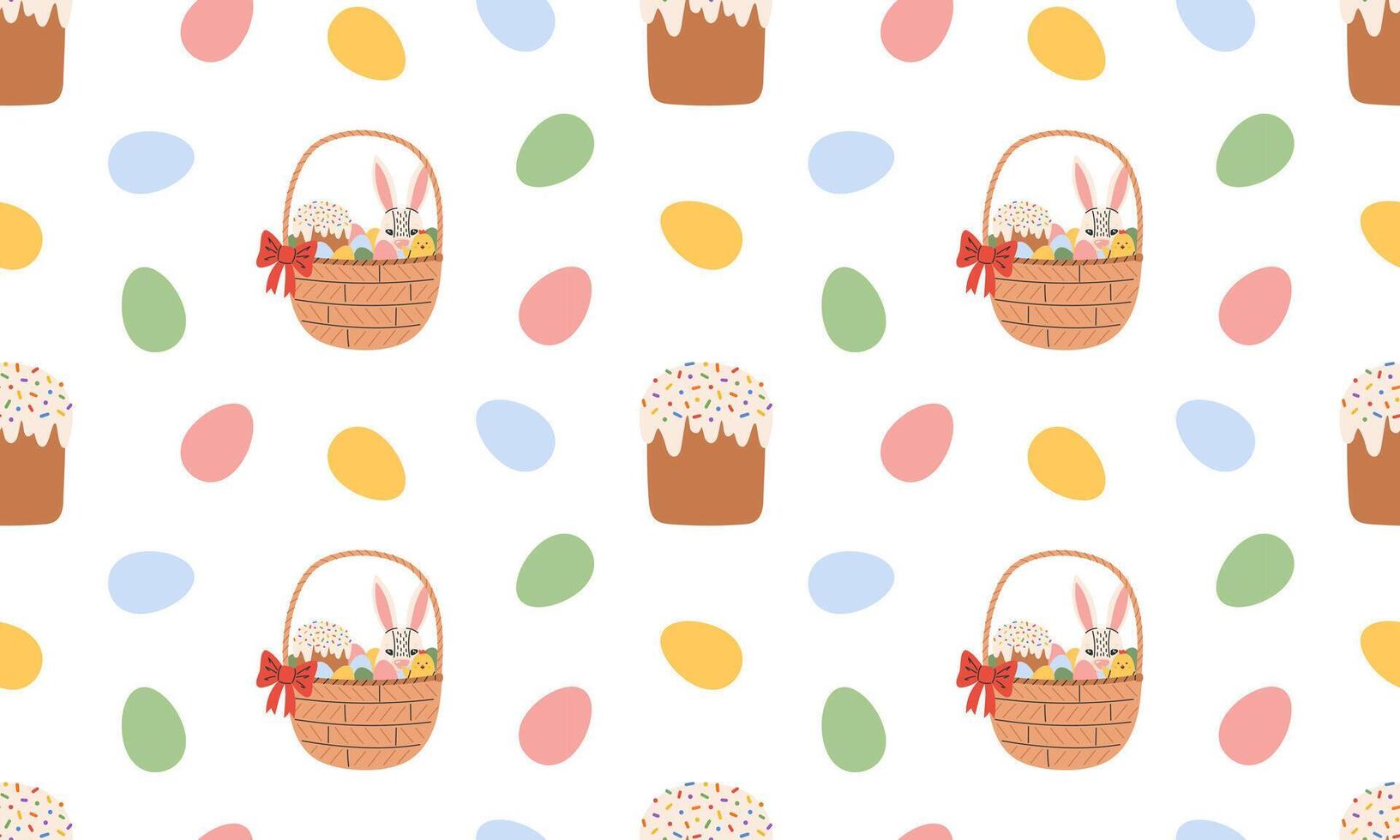 Seamless pattern with bunny in basket, Easter cake and egg. Spring print for textiles, wallpaper, fabric, design of things and objects. Easter background. Flat illustration in hand drawn style vector