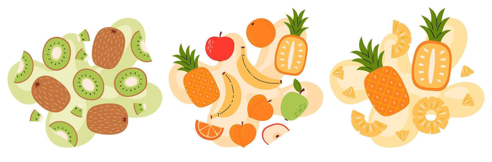 Fruit and berry set on abstract background. Kiwi, pineapple, multifruit, multivitamin taste. Fresh summer juicy fruit. Flat illustration vector