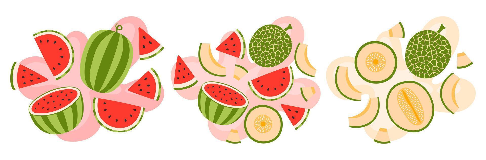 Fruit and berry set on abstract background. Watermelon and melon taste. Fresh summer juicy fruit. Flat illustration vector