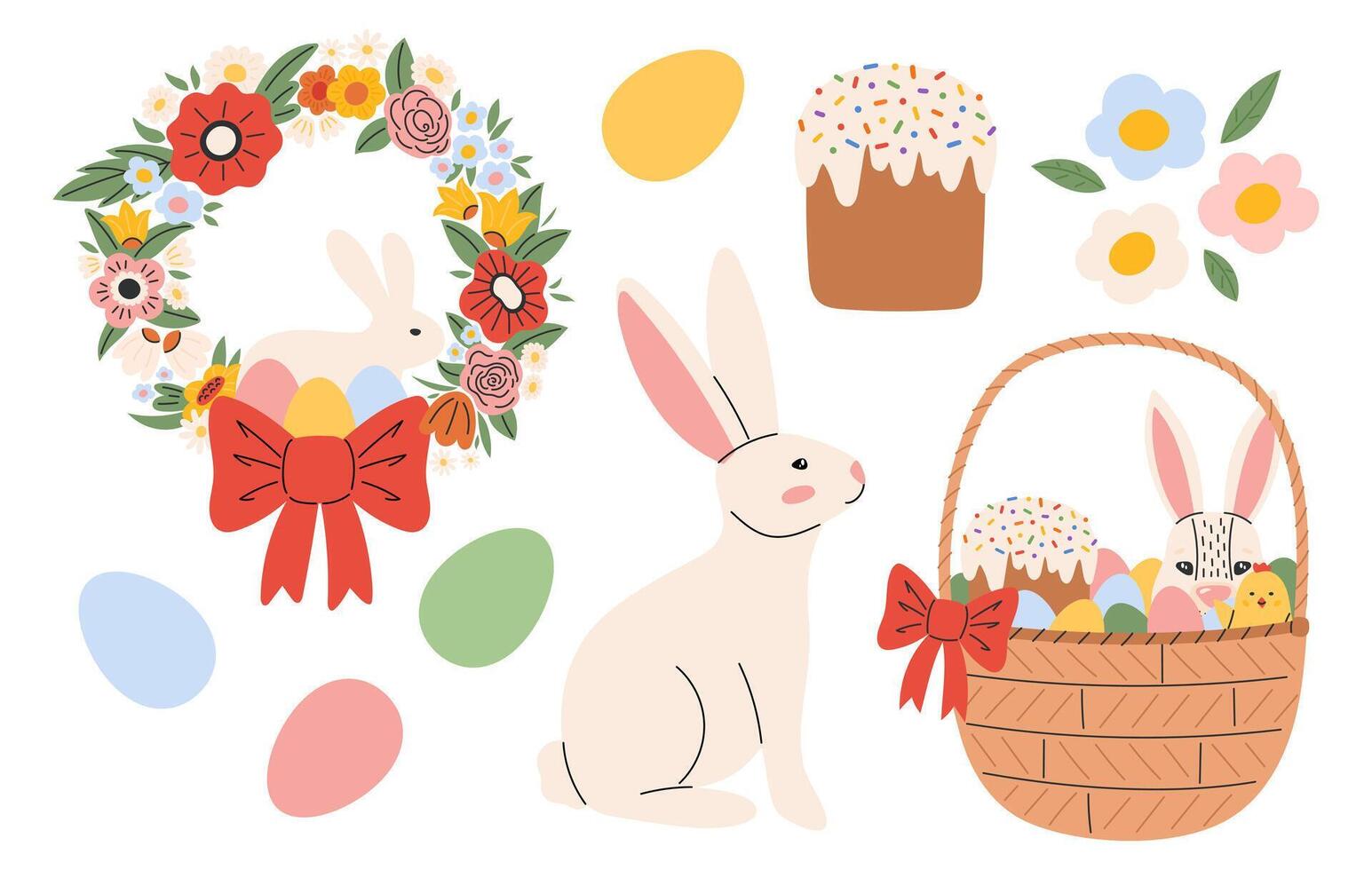 Cute Easter set. Spring collection with rabbits, flowers wreath, painted egg, basket. illustration in flat hand drawn style vector