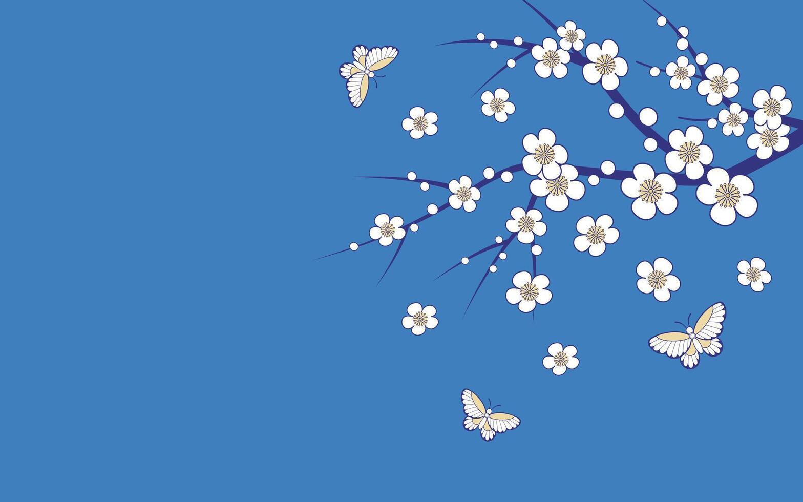 White plum blossom branch and butterflies on blue background. Chinese flower illustration. Oriental vibes wallpaper. Chinoiserie design. vector