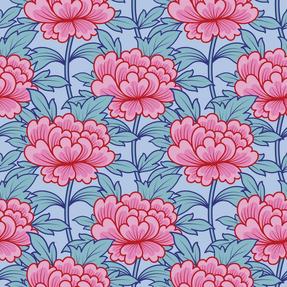 Seamless pattern with pink peony flowers on light blue background. Floral Chinese wallpaper. Oriental vibes illustration. Chinoiserie design. vector