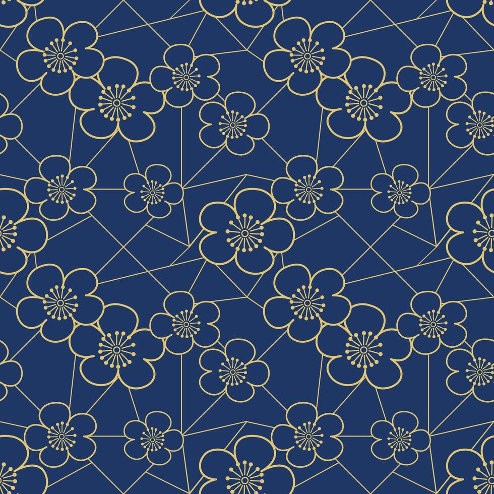 Seamless pattern with Gold plum blossom and crack line on dark blue background. Chinese flowers wallpaper. Traditional Japanese design. Chinoiserie illustration. vector