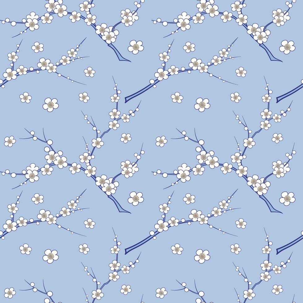 Seamless pattern with plum blossom on light blue background. Floral Chinese wallpaper. Oriental vibes illustration. Chinoiserie design. vector