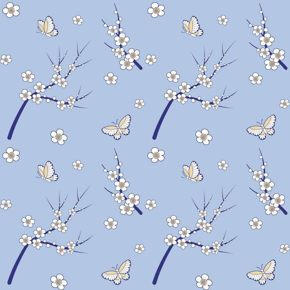 Seamless pattern with plum blossom and butterfly on light blue background. Floral Chinese wallpaper. Oriental vibes illustration. Chinoiserie design. vector