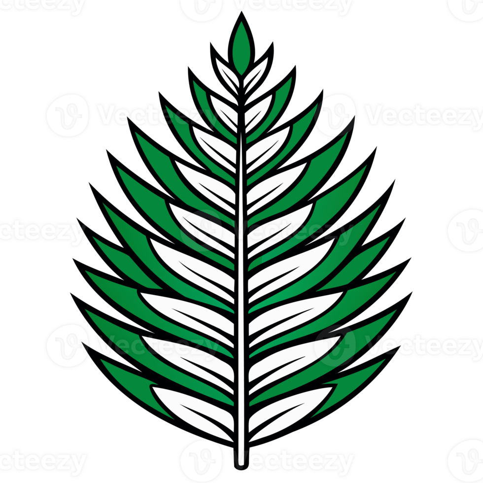 Symmetrical fern leaf botanical illustration in green and white with bold outlines and modern png