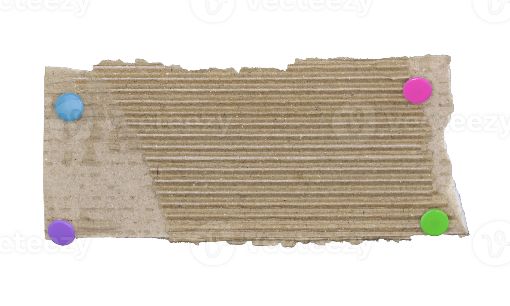 Brown corrugated paper torn into pieces with pins on transparent background. png