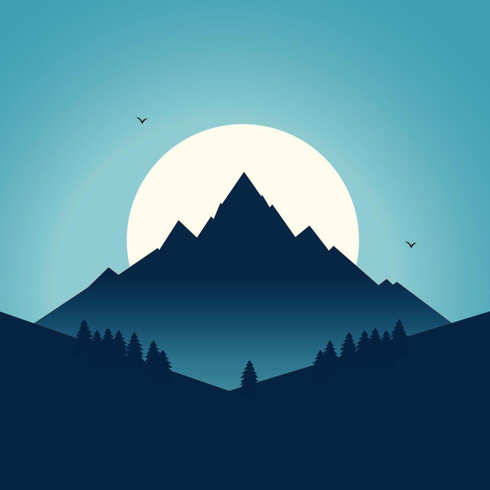 a mountain landscape with a full moon and birds vector