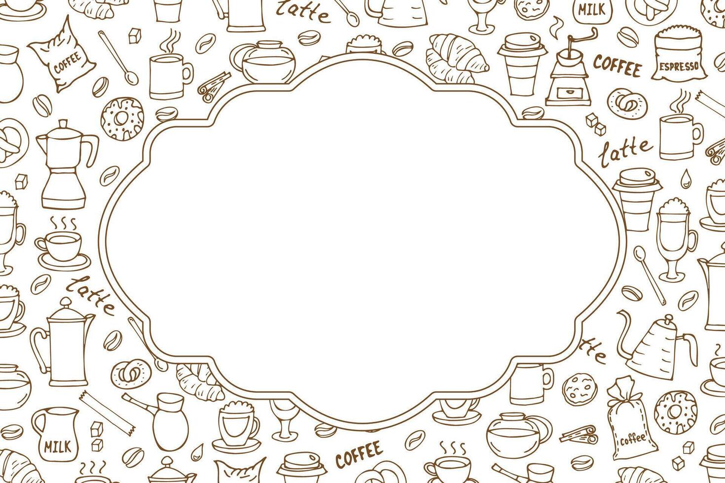 Frame of coffee dishes, coffee, hand drawn in cartoon style. vector