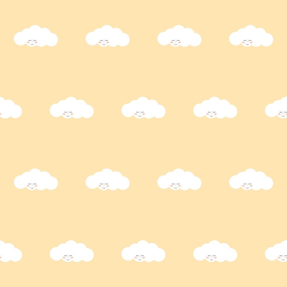 Fluffy Cute Kawaii Cloud Character Floating in Sky. Positive Lovely Child Friendly Textile Nappy Print. Childish Seamless Pattern Background Design. Smiling Face Cloud Bubble Symbol Element Art vector