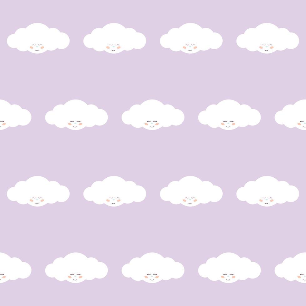 Fluffy White Cute Kawaii Cloud Character Floating in Sky. Positive Lovely Child Friendly Textile Nappy Print. Childish Seamless Pattern Background Design. Smiling Face Cloud Bubble Art vector