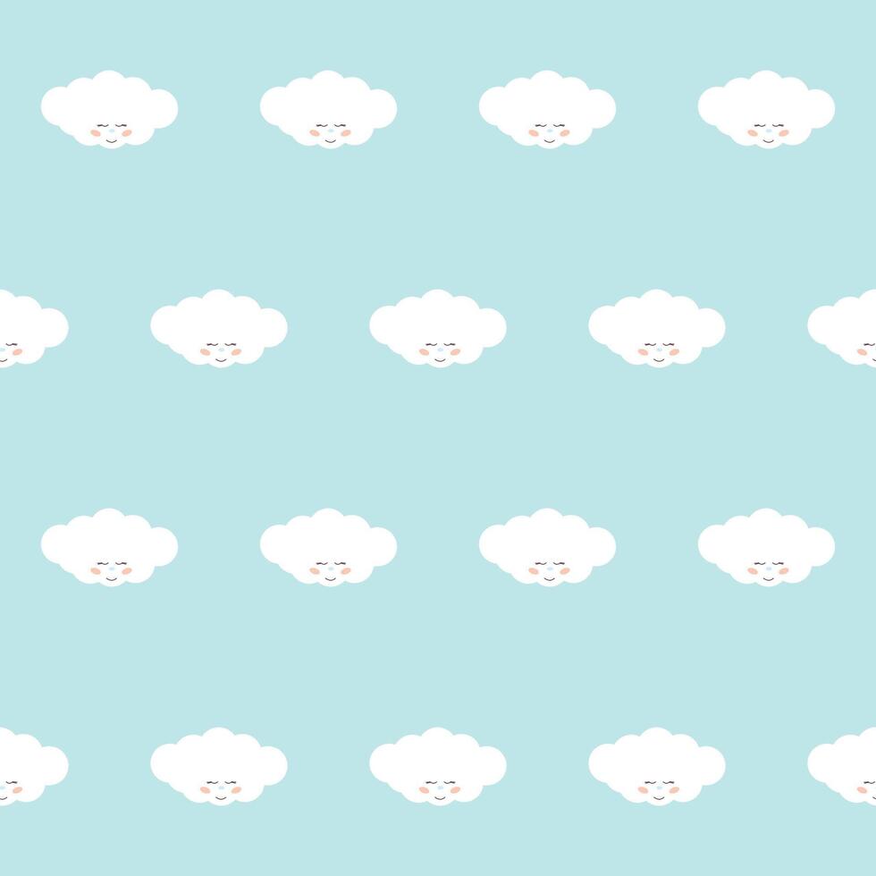 Fluffy White Cute Kawaii Cloud Character Floating in Sky. Positive Lovely Child Friendly Textile Nappy Print. Childish Seamless Pattern Background Design. Smiling Face Cloud Bubble Symbol Element Art vector