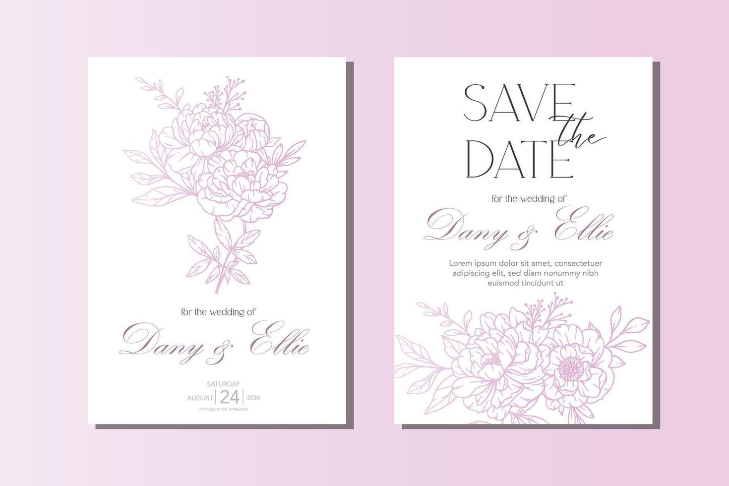 trendy Peony Wedding Invitation template. Hand Drawn Line Art Peony Flowers. Outline Peonies Minimalist Wedding Design, Spring Summer Wedding invite template vector